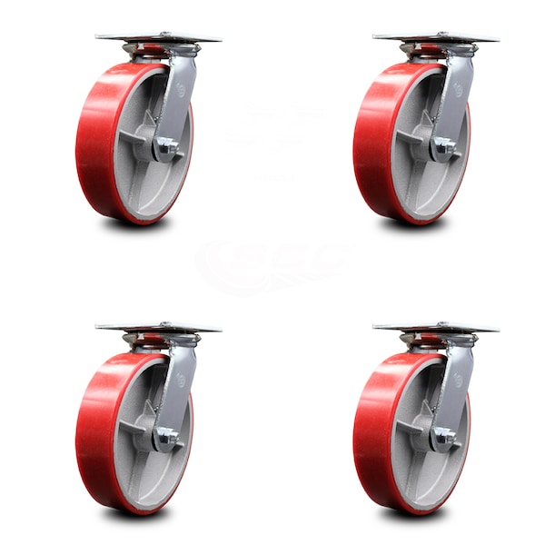 8 Inch Red Poly on Cast Iron Caster Set with Ball Bearings and Swivel Locks